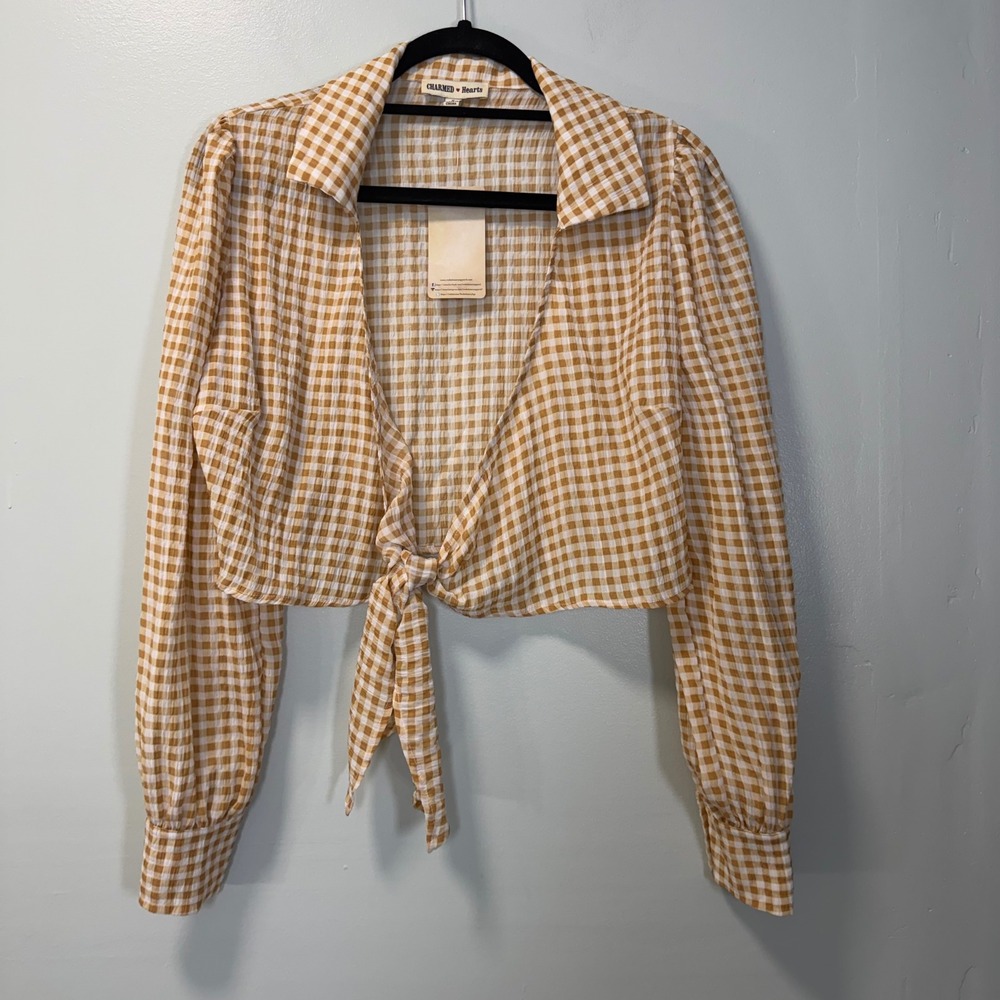 Charmed Hearts Gingham Tie Front Crop Top Yellow White S 1CJZW176V